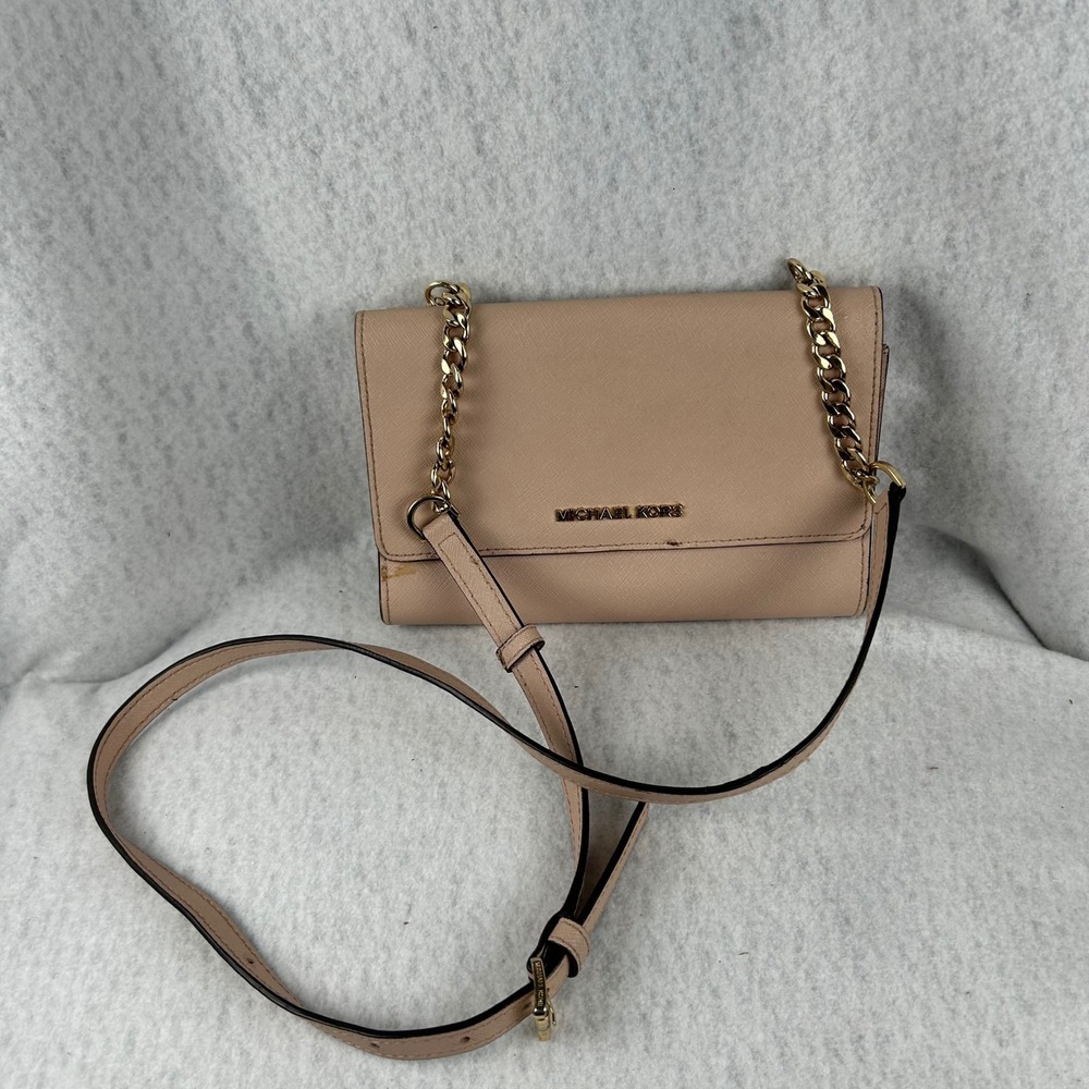Michael Kors Crossbody Bag Womens Small Pink Saffiano Leather Gold Chain Strap
